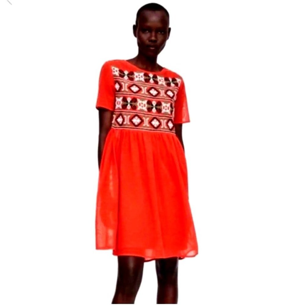 Zara Baby Doll Mini Dress Women Small Orange Embroidered Mesh Keyhole